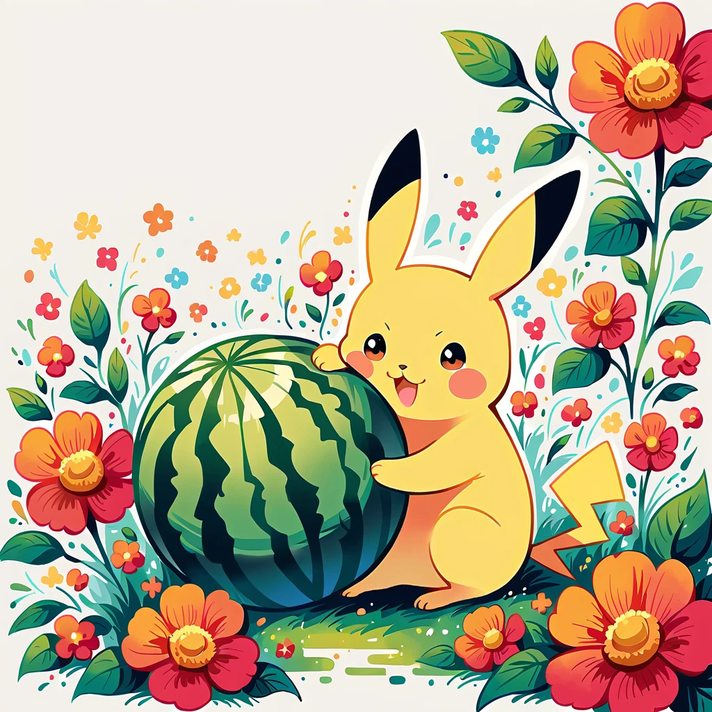 Pikachu with a large watermelon. Pikachu should be happily hugging or sitting next to the big watermelon, displaying a joyful expression. Use a bright and cheerful color palette with soft, painterly strokes. Include details like the watermelon’s vibrant green rind and pink flesh with seeds if it's cut open. The background can be simple, with elements like a sunny sky, a few scattered flowers, or some grass to enhance the summery feel