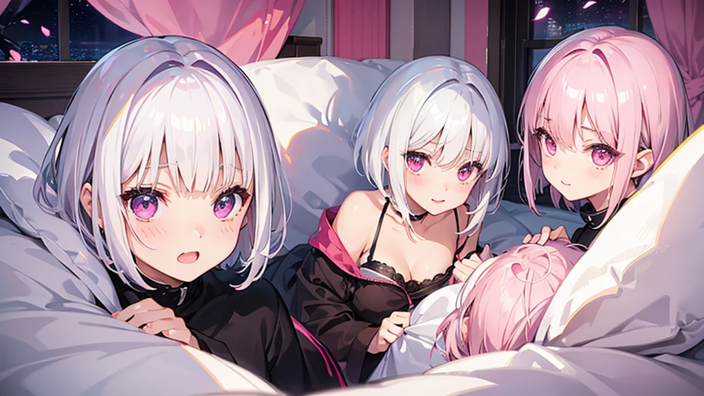 White Hair Girl、Pink Eyes、Short Hair、Only one girl、Night、In the bedroom、Blushing、laughing、Excited、Just One