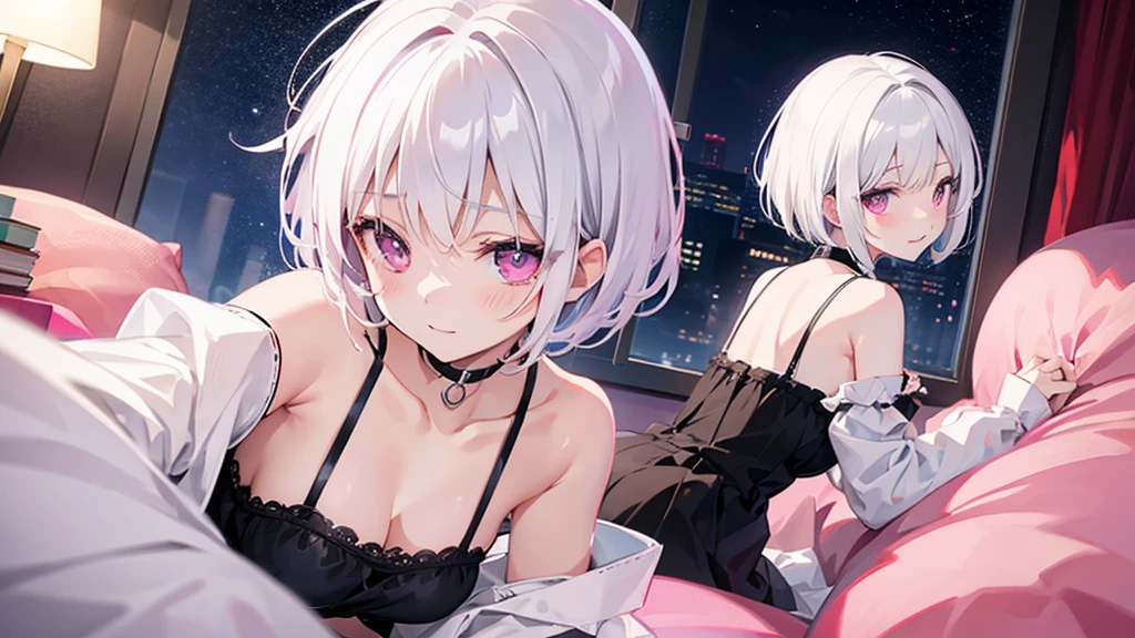 White Hair Girl、Pink Eyes、Short Hair、Only one girl、Night、In the bedroom、Blushing、laughing、Excited、Just One