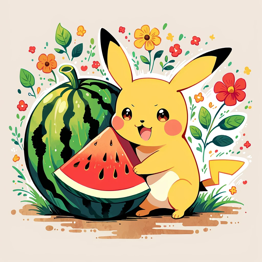 Pikachu with a large watermelon. Pikachu should be happily hugging or sitting next to the big watermelon, displaying a joyful expression. Use a bright and cheerful color palette with soft, painterly strokes. Include details like the watermelon’s vibrant green rind and pink flesh with seeds if it's cut open. The background can be simple, with elements like a sunny sky, a few scattered flowers, or some grass to enhance the summery feel