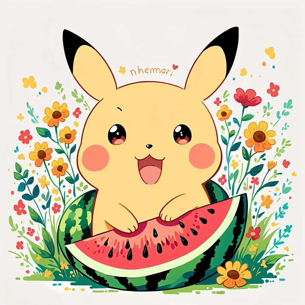 Pikachu with a large watermelon. Pikachu should be happily hugging or sitting next to the big watermelon, displaying a joyful expression. Use a bright and cheerful color palette with soft, painterly strokes. Include details like the watermelon’s vibrant green rind and pink flesh with seeds if it's cut open. The background can be simple, with elements like a sunny sky, a few scattered flowers, or some grass to enhance the summery feel
