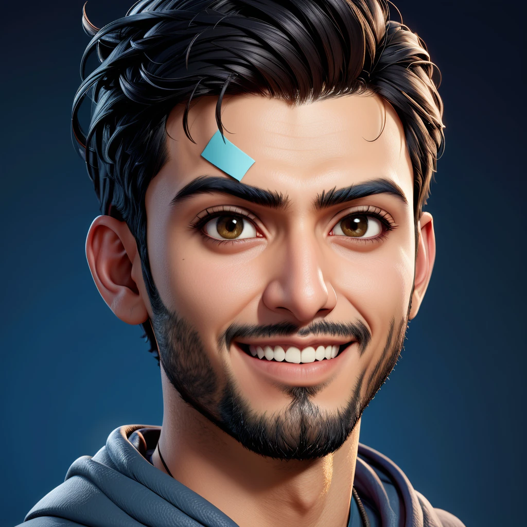 Create a cartoonish caricature 3D animation of a big-headed. a 25 years old Pakistani man. She has short black pixie cut hair. His face is oval with smooth lines, thick and neat black eyebrows, normal eyes, a small, sharp nose, and thin lips with a wide, friendly smile. He wore a dark hoodie. Gradient blue background. masterpiece, top quality, highly detailed skin and face, ultra-realistic, high definition, sharp focus, Concept Art. medium shot