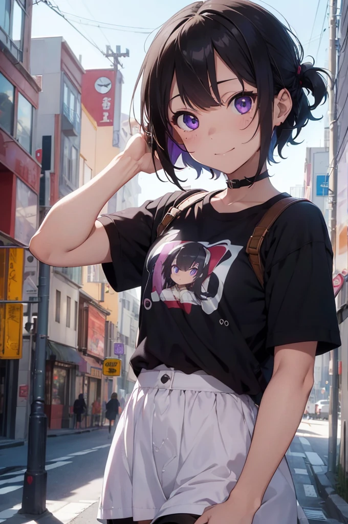 4K, (work of art), highest quallity, 2d, ((rebeld girl)), (teenage anime girl), (shirt cute, bear shirt, Punk Girl, in a bike, short hair with long bangs, heterochromatic eyes, ssmile, full height, clean eyes, black eyelash, (intrincado detalhado), dramatic, makoto shinkai, purple eyes