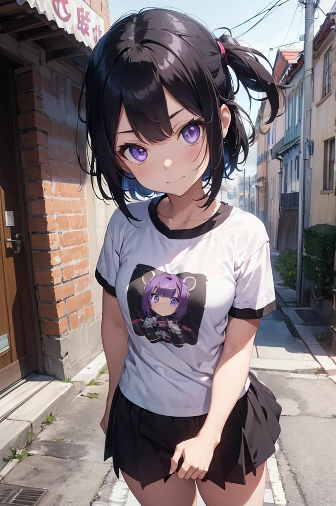 4K, (work of art), highest quallity, 2d, ((rebeld girl)), (age anime girl), (shirt cute, bear shirt, Punk Girl, in a bike, short hair with long bangs, heterochromatic eyes, ssmile, full height, clean eyes, black eyelash, (intrincado detalhado), dramatic, makoto shinkai, purple eyes