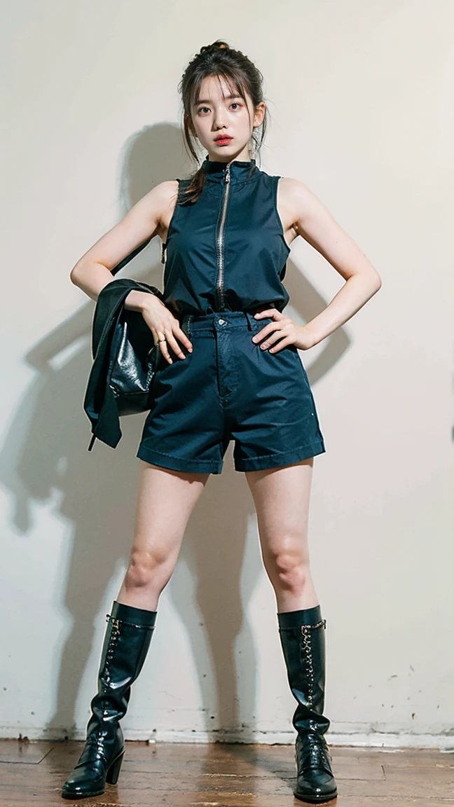 (8k、RAW Photos、Highest quality、masterpiece:1.2)、(Realistic、Realistic)、1 girl、((In town、smile、Big Breasts、tights、Sleeveless、Shorts、boots、Look forward、Stand with hands on hips))、