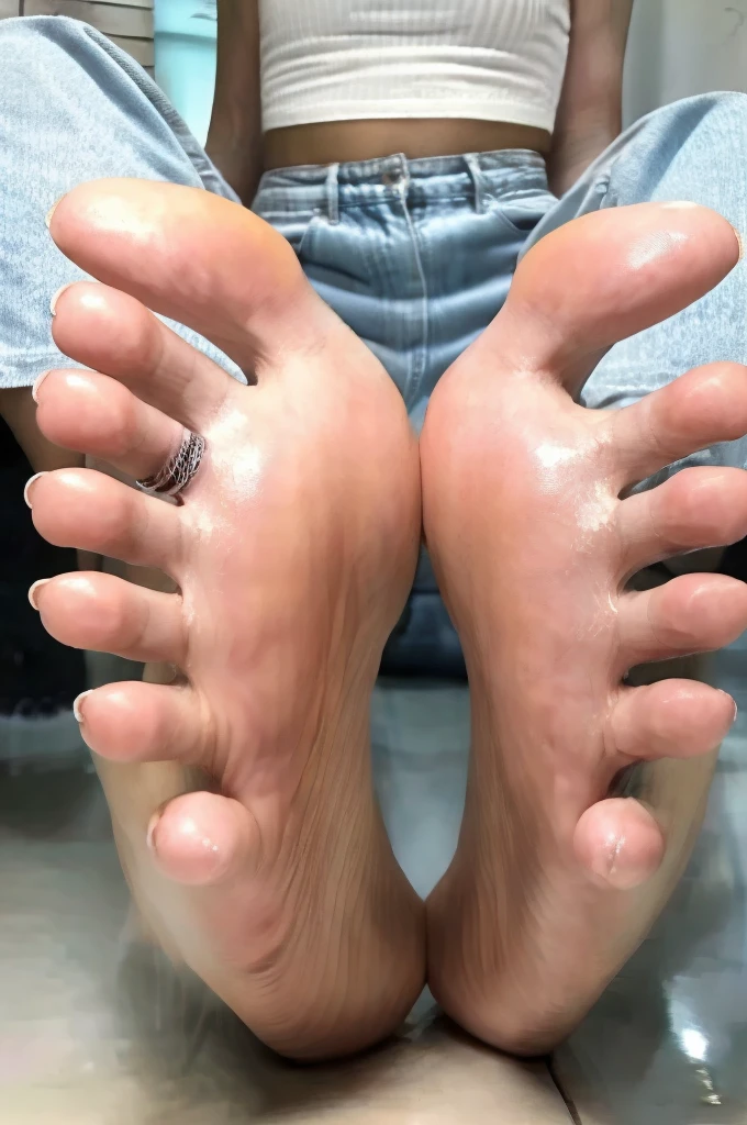 Teenager, 18, Massive Breasts, pink wizard hat, Blue plastic dress, pink white stripped thigh highs, smirks, feet, foot focus, butterflyPose, masterpiece, best quality, absurdres, highres, 4k, ray tracing, intricate details, highly detailed, (1girl:perfect face, cute, small breasts, long ginger hair, petite)