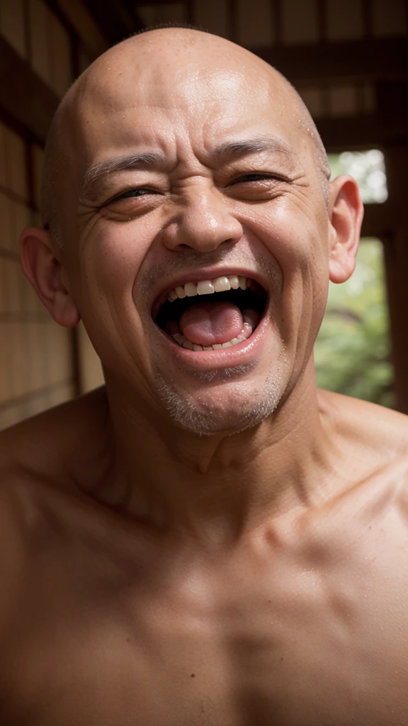 An old man laughing with his eyes wide open, baring his teeth and spit flying, his head bald，Japanese