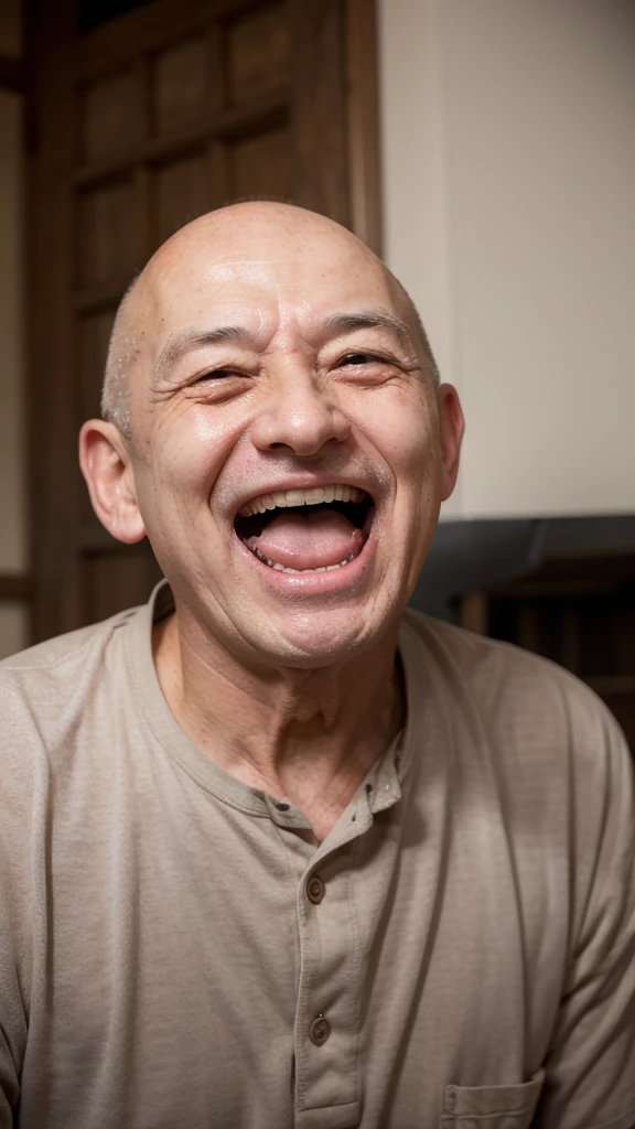 An old man laughing with his eyes wide open, baring his teeth and spit flying, his head bald，Japanese