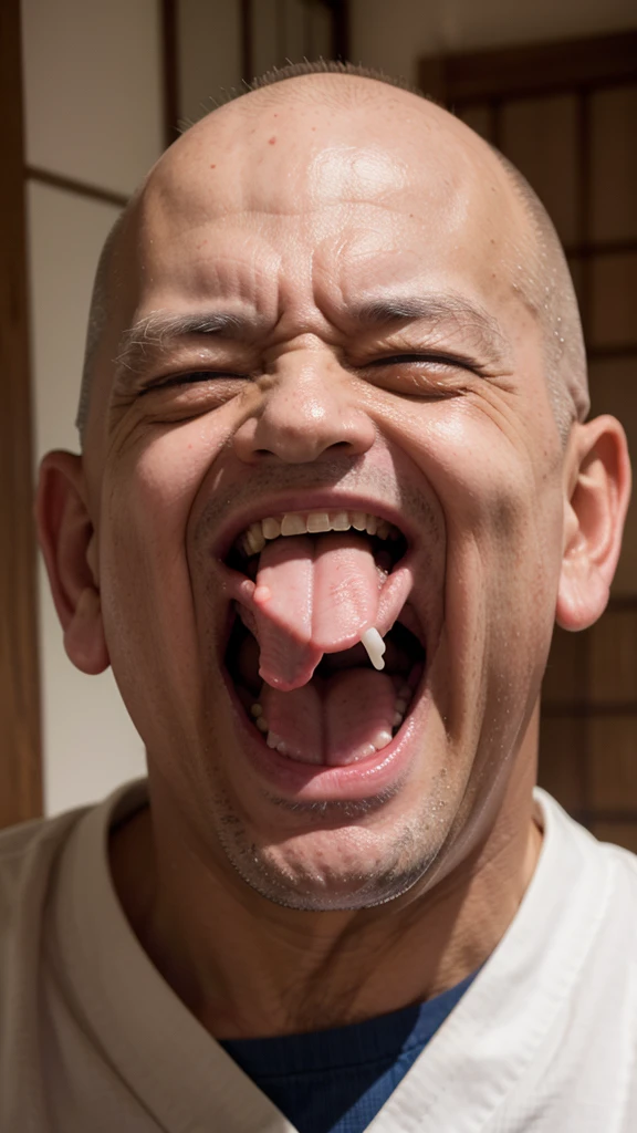 An old man laughing with his eyes wide open, baring his teeth and spit flying, his head bald，Japanese