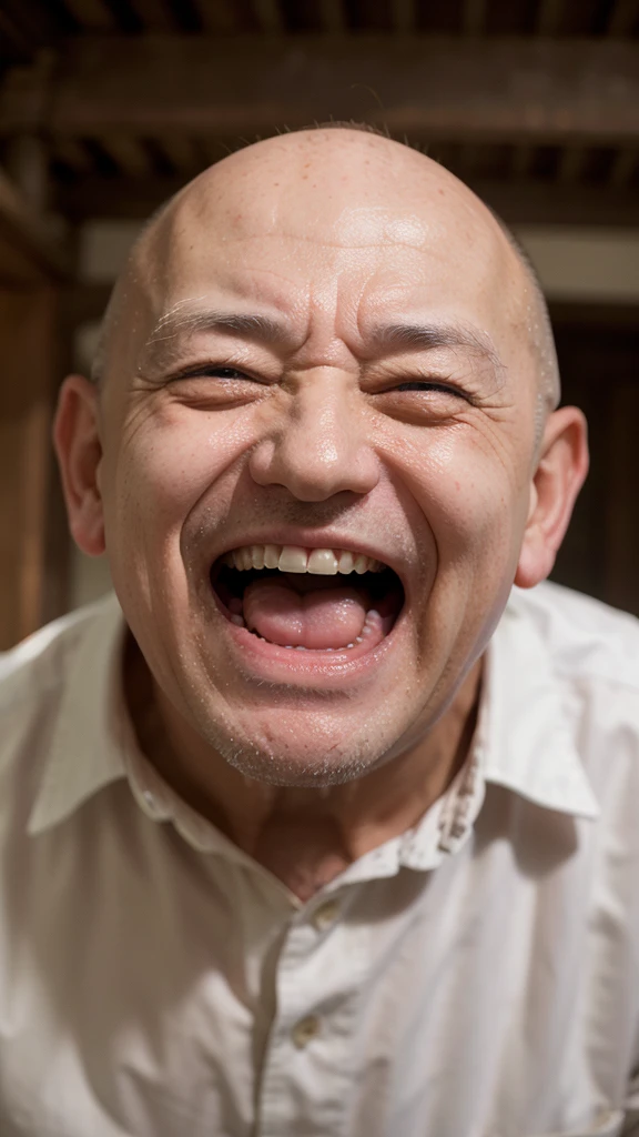 An old man laughing with his eyes wide open, baring his teeth and spit flying, his head bald，Japanese