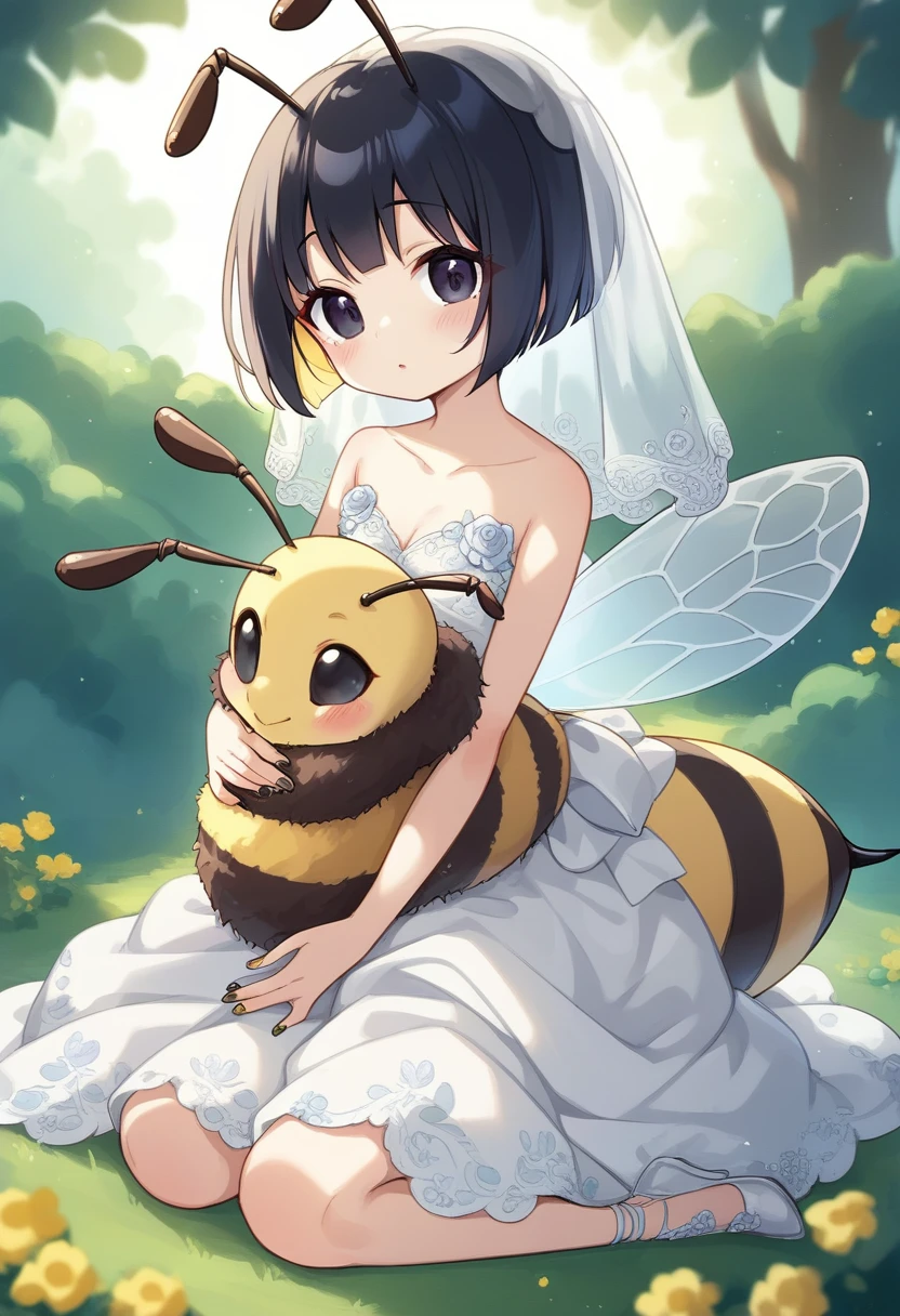 score_9, score_7_up, score_6_up, 1girl, source_cartoon, source_anime,breathtalking Scenery,watercolor,smooth soft skin, natural skin,rating_questionable
BREAK
(hornet girl:1.4), bee girl,(little female child:1.4), (loli:1.4),6 yo, kawaii,baby face,small breast, cute face,oily skin,beautiful eyes, detailed eyes
BREAK
(black bob cut:1.5),(yellow gradient hair:1.2),(yellow dip-dye hair:1.2),(black lob hair:1.2),ahoge,(nail_polish:1.1), black eyes,
BREAK
(bee antennae:1.3), (PVC material Extremely small bee wings:1.1), (bee wings:1.1),incoming hug,open arms for viewer,
BREAK
(empire-Line wedding dress:1.3),(silk veil:1.3),high heel,see-through silk cape,(blush:0.8),pierce,
BREAK
In a secluded setting, surrounded by a dense forest, the bog lay hidden like a secret gem, its misty surface whispering tales of ancient times,dynamicangle,
