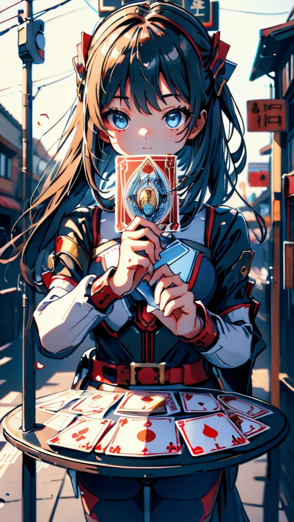 Cards,There are many cards floating in the sky,Girl holding cards,Girl holding a card,Fantasy style,Magic Style,Sci-fi style,Sci-fi style与Magic Style,A girl holding a card with many cards floating behind her,Girl holding a card between two fingers,Girl holding cards,Correct human body structure,Correct body proportions,Girl holding a card,Girl holding cards,The girl holds a card in her hand,Street background,现代Street background,现代都市Street background,Magic Style的背景,Modern urban background,Cards floating in the sky,Cards floating in the background,Upper body close-up,Close-up above the waist,背景中有很多Cards floating in the air,Cards floating in the air,Tarot cards floating in the air