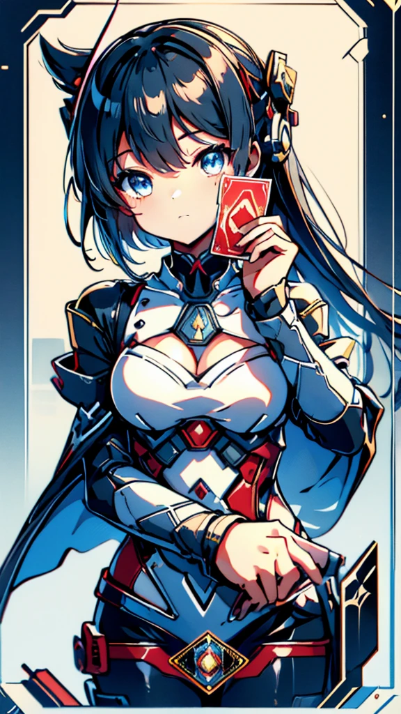 Cards，There are many cards floating in the sky，Girl holding cards，Girl holding a card，Fantasy style，Magic Style，Sci-fi style，Sci-fi style与Magic Style，A girl holding a card with many cards floating behind her，Girl holding a card between two fingers，Girl holding cards，Correct human body structure，Correct body proportions，Girl holding a card，Girl holding cards，The girl holds a card in her hand，Street background，现代Street background，现代都市Street background，Magic Style的背景，Modern urban background，Cards floating in the sky，Cards floating in the background，Upper body close-up，Close-up above the waist，背景中有很多Cards floating in the air，Cards floating in the air，Tarot cards floating in the air