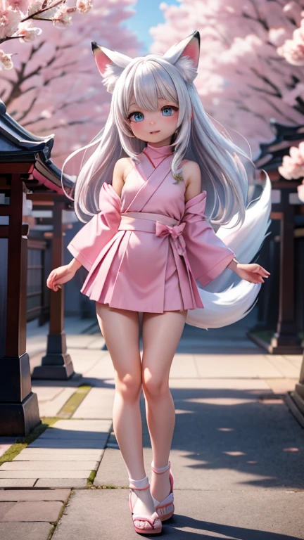 Best quality, hyper-high detail, very high res, Extremely detailed CG, Realism，absurd res，fox ear，Huge colorful fox tail， 8K,Colorful, A 20-year-old nine-tailed fox girl,japanaese girl，Light turtleneck shirt，Detailed clothing patterns，tiese，(full body:1.3),Solo,chubby  body shape,(long leges:1.3)， Faraway view，high-heels，(Blue eyes), (white  hair to shoulders), Extremely long white diamond hair floating, blueribbon, Beautiful eyes,(Pink clothes:1.3),Wet clothes, Short pink skirt, detailed and beatiful face and eyes, ((Shiny skin)),white wavy hair, (detailed and beautiful shiny clothes, Temple，holy rays，japan temple，the cherry trees，Cherry blossoms flying，(dynamicposes:1.3)，low perspective，