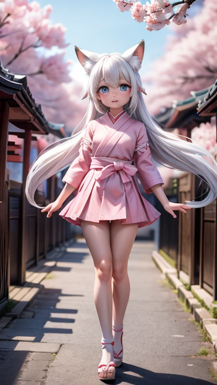 Best quality, hyper-high detail, very high res, Extremely detailed CG, Realism，absurd res，fox ear，Huge colorful fox tail， 8K,Colorful, A 20-year-old nine-tailed fox girl,japanaese girl，Light turtleneck shirt，Detailed clothing patterns，tiese，(full body:1.3),Solo,chubby  body shape,(long leges:1.3)， Faraway view，high-heels，(Blue eyes), (white  hair to shoulders), Extremely long white diamond hair floating, blueribbon, Beautiful eyes,(Pink clothes:1.3),Wet clothes, Short pink skirt, detailed and beatiful face and eyes, ((Shiny skin)),white wavy hair, (detailed and beautiful shiny clothes, Temple，holy rays，japan temple，the cherry trees，Cherry blossoms flying，(dynamicposes:1.3)，low perspective，