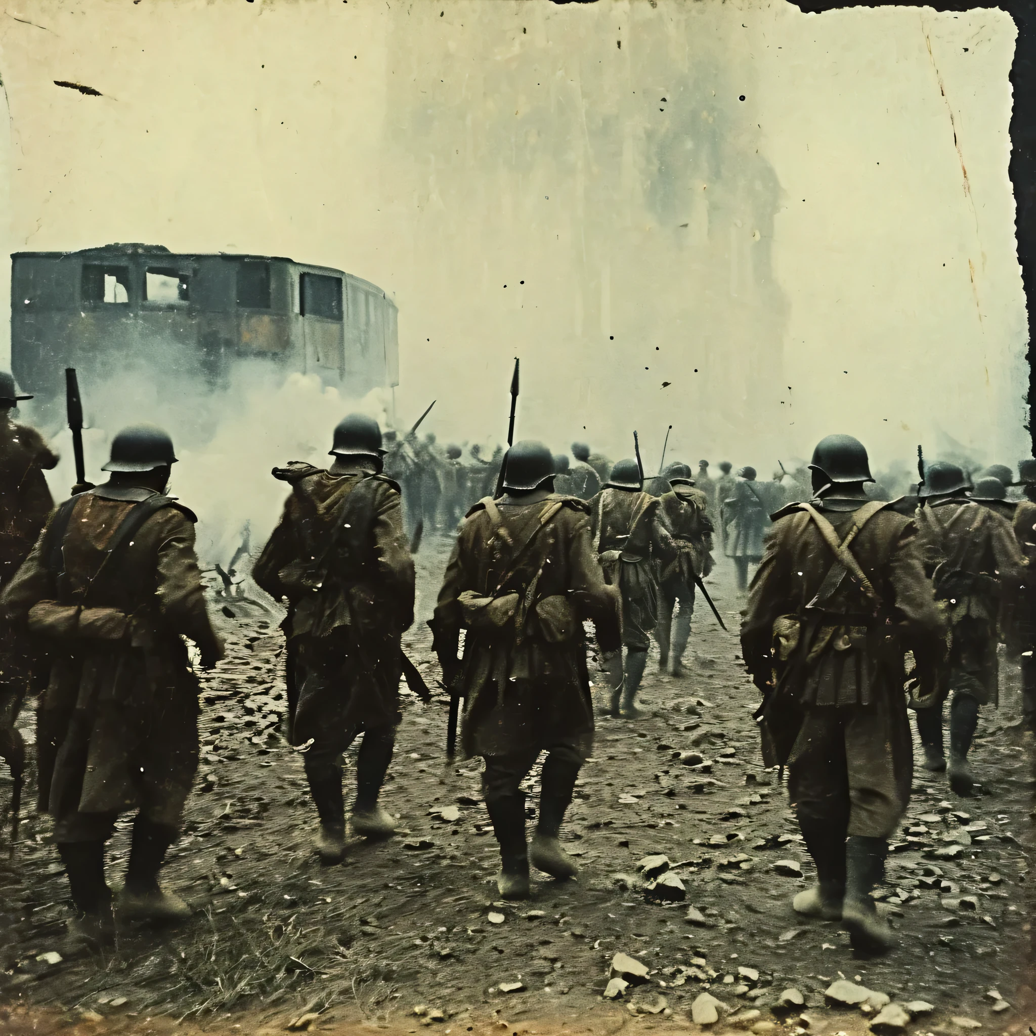 grainy old 35mm vintage, A group of 1900-century expeditionaries acheologists being attacked by giant centurions