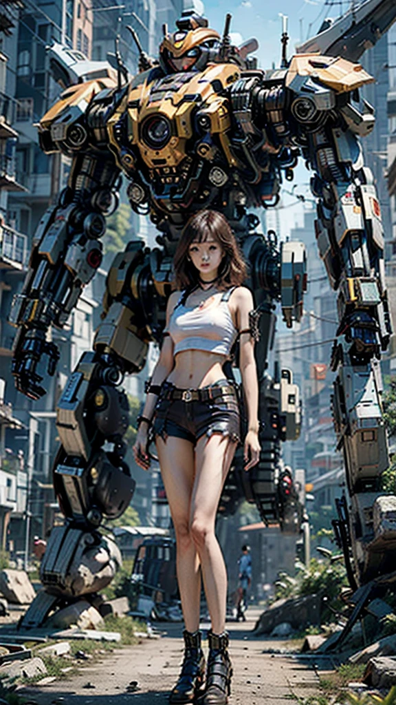 ((masterpiece, best quality)),illustration,ultra detailed 8k,photorealistic,sharp focus,highly detailed,professional lighting,colorful details,iridescent colors BREAK extreme long shot of a factory,large mechanical robot construction,microchip,computer,glowing,intricate details,shitu-mecha,1girl is standing in front of the audience,Navel