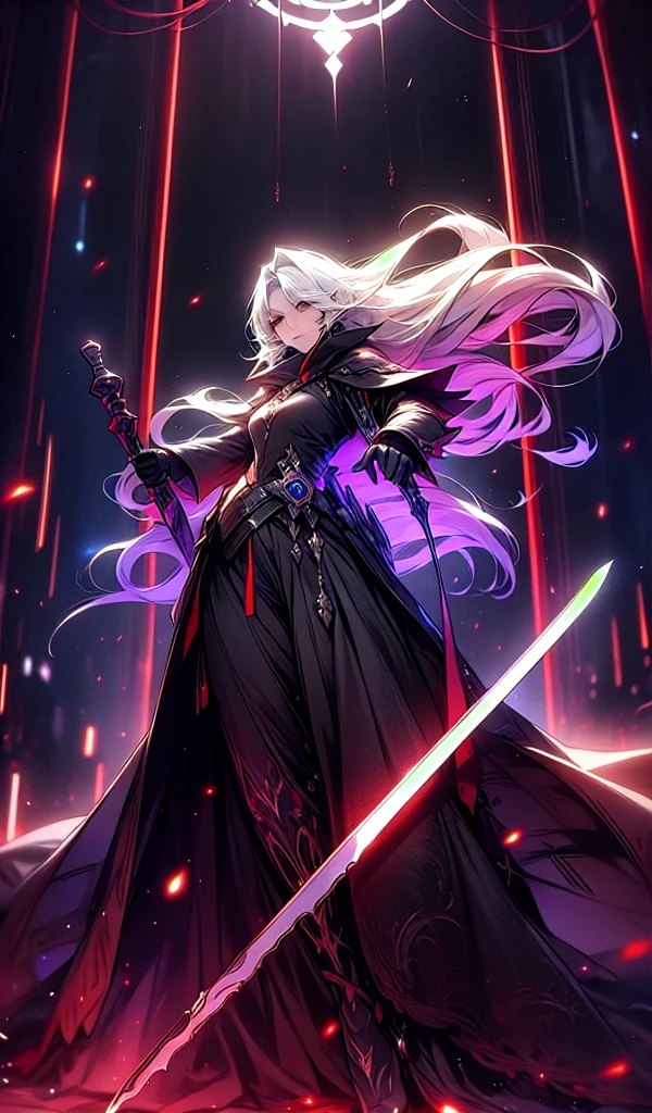 master part,best quality, Isaac Newton, 1homem, fancy, Mage with grimoire,(magie:1.2), (white  hair), Longe hair, long  hair, Wearing a tunic with the colors black and purple, wielding a sword, hard disk