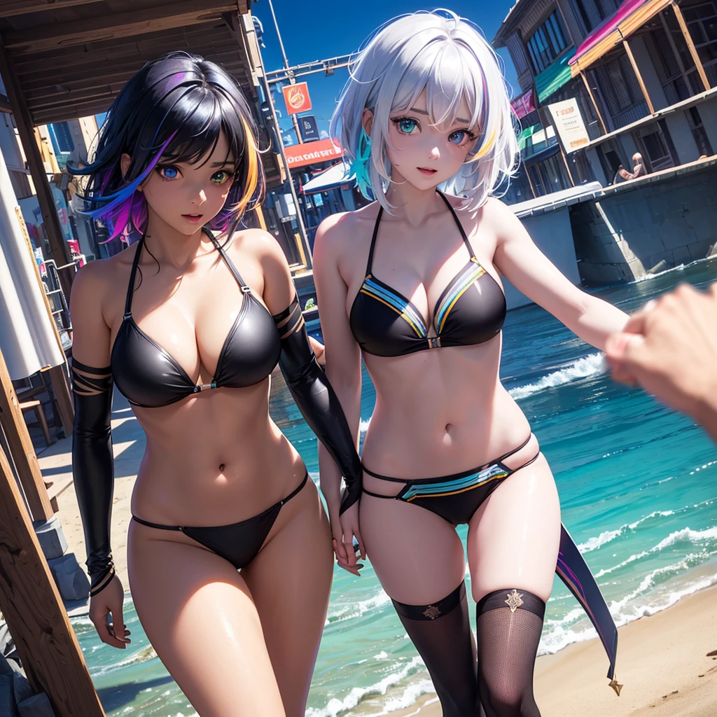 {{masterpiece}}, best quality, extremely detailed CG unity 8k wallpaper, cinematic lighting, lens flare, beautiful detail eyes, black, side glance, multicolor short white hair, colorful light, particles, heterochromia, (colorful:1.5), (colorful hair:1.5), futuristic bikini steel, beach view, iron wings,