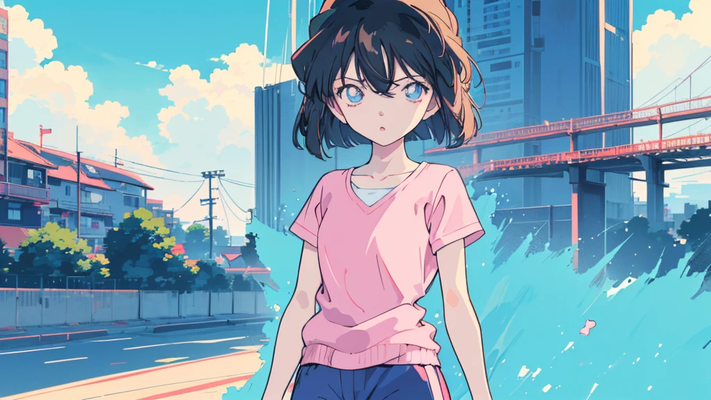 anime style, (1girl in, Solo:1.0), (Haibara Ai), ((Short pants)), (((Big eyes))), (Cute anime girl head), (flat chest),looking at viewer,With a height of 100cm, shoot from front, (head shot), Simple line minimalism, Abstract Art, City background, anime opening movie