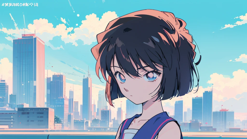 anime style, (1girl in, Solo:1.0), (Haibara Ai), ((Short pants)), (((Big eyes))), (Cute anime girl head), (flat chest),looking at viewer,With a height of 100cm, shoot from front, (head shot), Simple line minimalism, Abstract Art, City background, anime opening movie