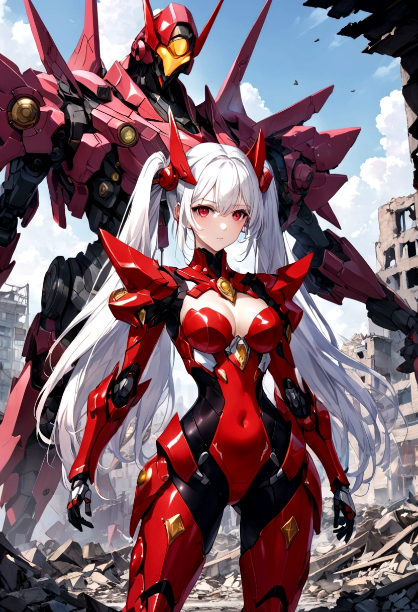 A striking mecha-style magical girl with long, white hair styled elegantly in twin tails, framing her striking red eyes. She stands confidently, her entire body turned towards the viewer, clad in a crimson-colored, intricately designed magical girl-inspired mecha armor. The suit encompasses her from head to toe, emphasizing her feminine curves. The background shows a desolate and destroyed cityscape, littered with rubble and debris, reflecting the aftermath of an apocalyptic battle or a cataclysmic event. The mecha magical girl appears to be standing amidst the ruins, her expression calm and resolute, as if she is the harbinger of hope in this desolate landscape.