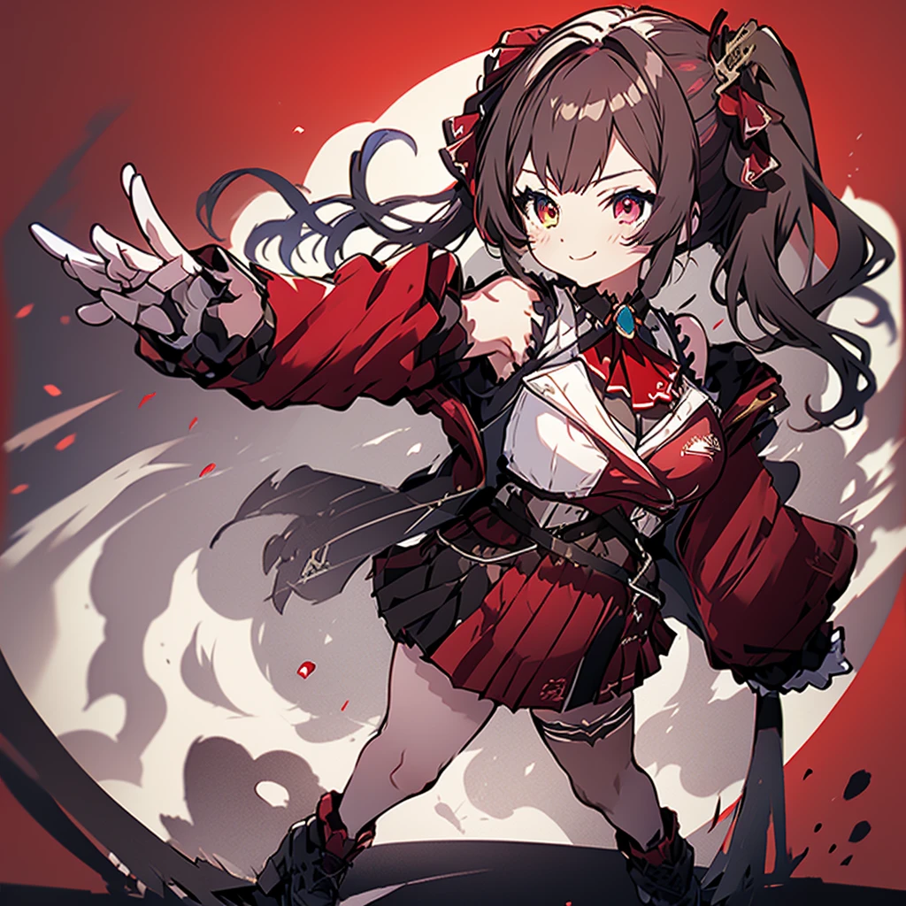 masterpiece, best quality, absurdres, perfect antomy, houshouBase, 1girl, solo, heterochromia, red eyes, yellow eyes, twintails, long hair, hair ribbon, large breasts, white gloves, frilled choker, red ascot, leotard, leotard under clothes, red jacket, cropped jacket, sleeveless jacket, black coat, off shoulder, bicorne, red skirt, miniskirt, leather belt, black thighhighs, standing, smile