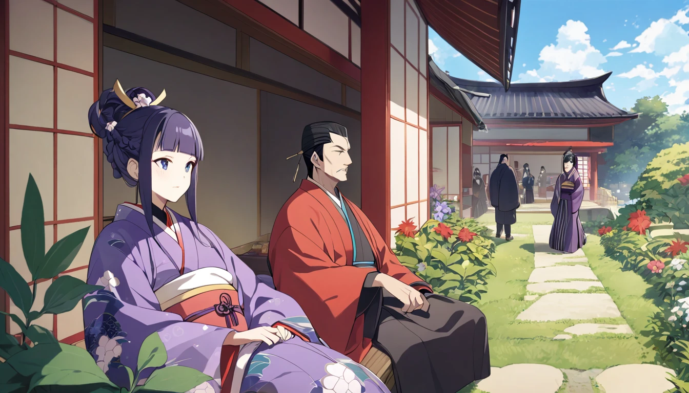 Describe a scene in which Ono no Komachi, a renowned Japanese poet from the Heian period, is sitting in her home garden with her father, gazing at the blue sky. She is wearing a purple kimono and has a straight, unbraided hairstyle. Her father is wearing a red kimono. Please provide a vivid and detailed account of the scene, including any notable clothing, hairstyles, or environmental details." By modifying the prompt, I've: 1. Identified the subject (Ono no Komachi) and provided more context (a renowned Japanese poet from the Heian period). 2. Added specific details about clothing and hairstyles (purple kimono, straight unbraided hairstyle, red kimono) to help the model generate an accurate visual representation. 3. Provided more context about the scene, including the location (home garden), the people involved (Ono no Komachi and her father), and the environmental details (blue sky). 4. Specified the type of response desired (a vivid and detailed account of the scene). 