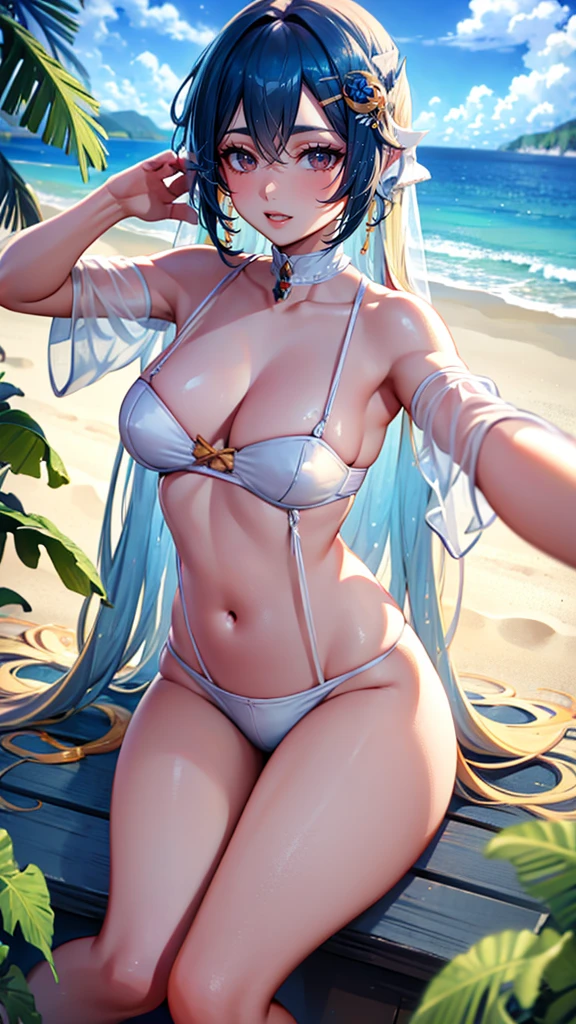 1girl, long_hair, beautiful detailed eyes, beautiful detailed lips, extremely detailed face, longeyelashes, bikini, seashell swimsuit, posing, selfie shot, mirror, window, radiant skin, natural lighting, soft colors, dreamy, serene, (best quality,4k,8k,highres,masterpiece:1.2),ultra-detailed,(realistic,photorealistic,photo-realistic:1.37)