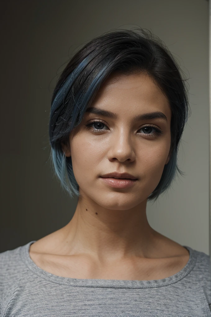 A head of a man with french crop haircut and greyish blue hair color