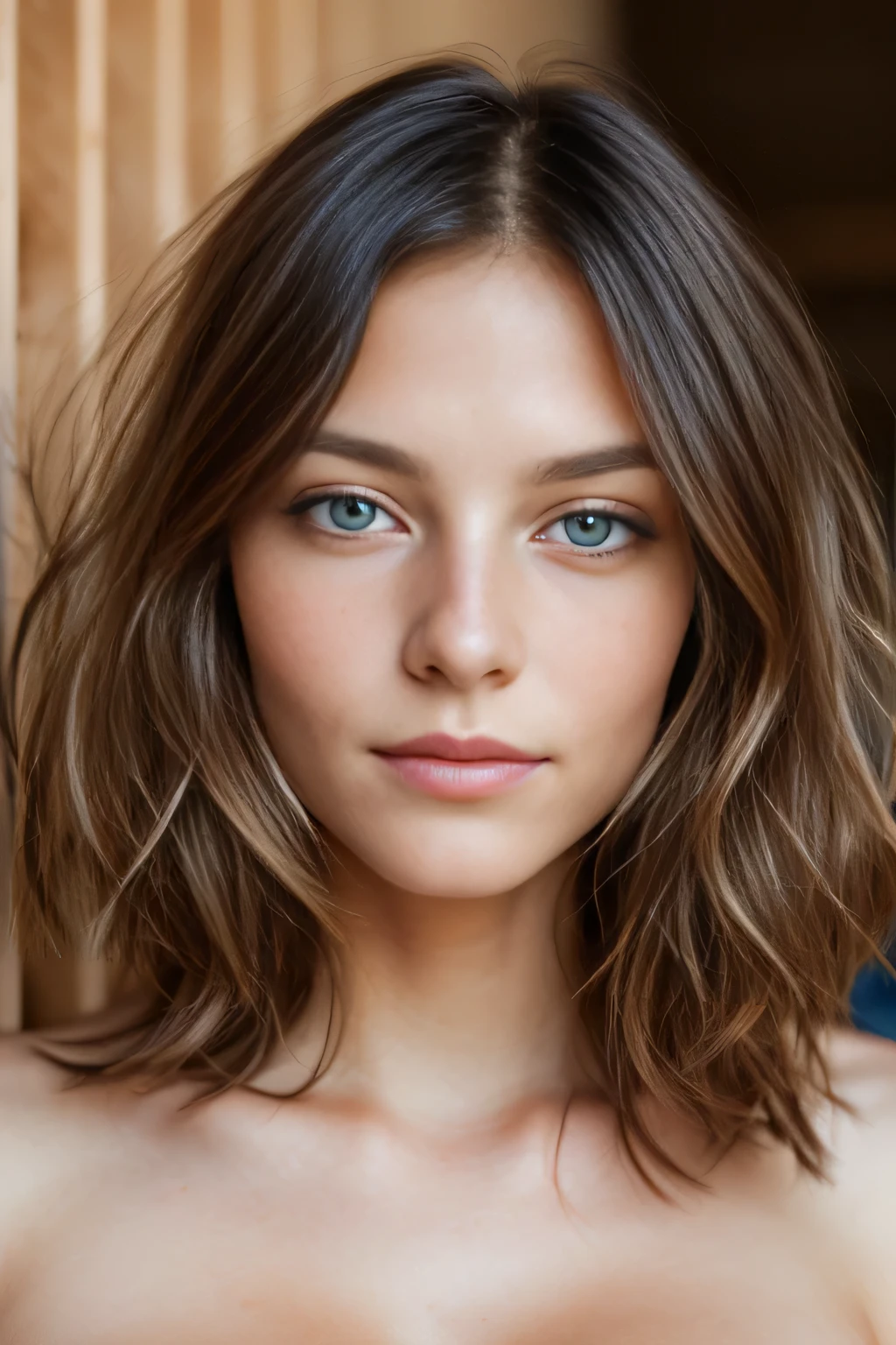 portrait of face and breast, a 19 years old white girl, long redhead hair, (((busty))), Best quality, Highly detailed face,, corrugated, (woman with dark blue eyes) in an apartment, ((naked)), detailed (textures!, Hair!, brightness, color!, imperfections:1.1), highly detailed bright eyes, (Looking at the camera), specular lighting, digital SLR, ultra quality, sharp focus, sharp, DOF, film grain, (center), Fujifilm XT3, crystal clear, center of frame, Cute face, sharp focus, daylight, (focus on face and breast)