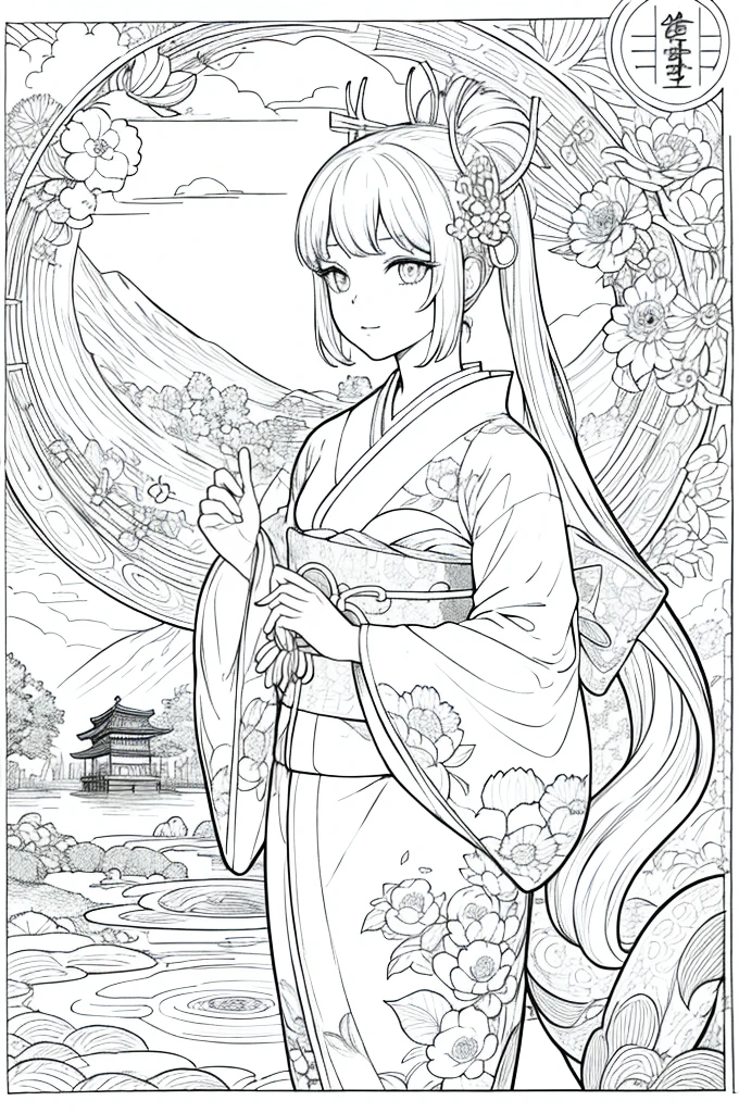 Obra maestra, superlativo,solamente, Dragon cute , flower line drawing background, fondo blanco, monocromo, line drawing, ((bosquejo)), spooky, white eyes, Please create a simple monochrome coloring book that even a can do, depicting a realistic and cute ukiyo-e illustration of a girl in a kimono, in various poses, with a Japanese garden in the background, that conveys Japanese culture.