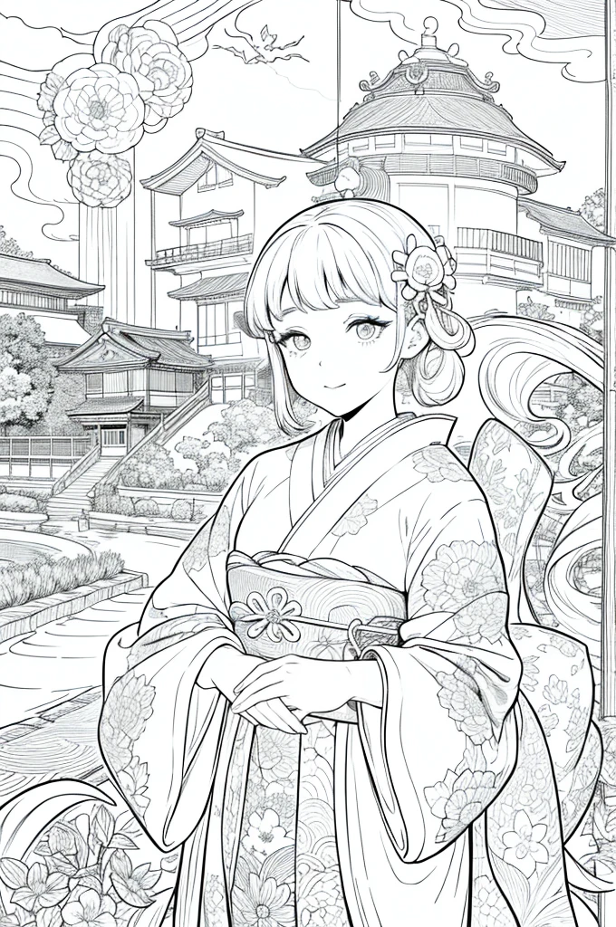 Obra maestra, superlativo,solamente, Dragon cute , flower line drawing background, fondo blanco, monocromo, line drawing, ((bosquejo)), spooky, white eyes, Please create a simple monochrome coloring book that even a can do, depicting a realistic and cute ukiyo-e illustration of a girl in a kimono, in various poses, with a Japanese garden in the background, that conveys Japanese culture.
