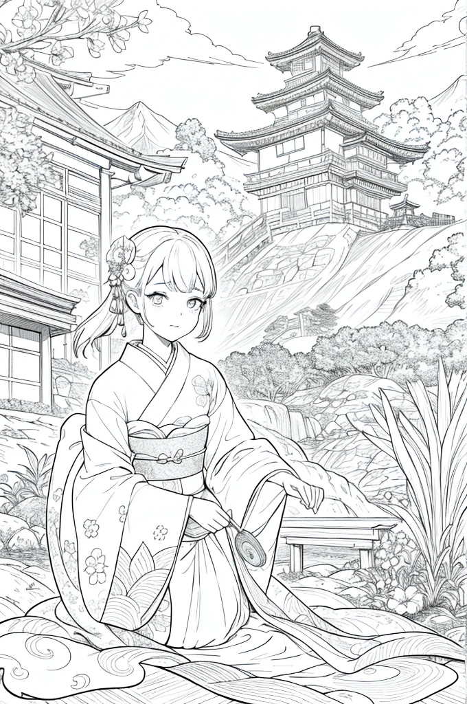 Obra maestra, superlativo,solamente, Dragon cute , flower line drawing background, fondo blanco, monocromo, line drawing, ((bosquejo)), spooky, white eyes, Please create a simple monochrome coloring book that even a  can do, depicting a realistic and cute ukiyo-e illustration of a girl in a kimono, in various poses, with a Japanese garden in the background, that conveys Japanese culture.