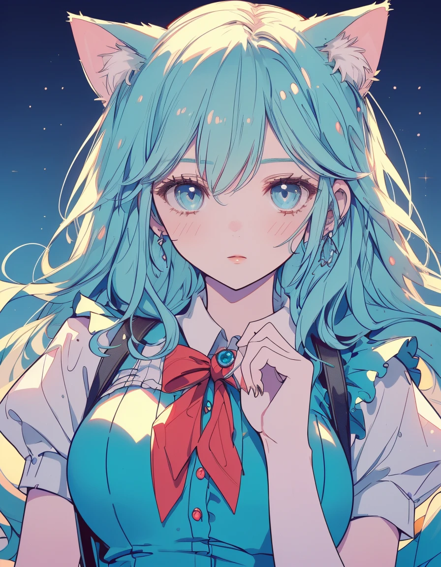 Alice in Wonderland, ((masterpiece, best quality:1.5)), ((Beautiful detailed cat aqua eyes:1.2)), cat ears, pale skin, large breasts, beautiful hands, beautiful fingers, EasyNegative