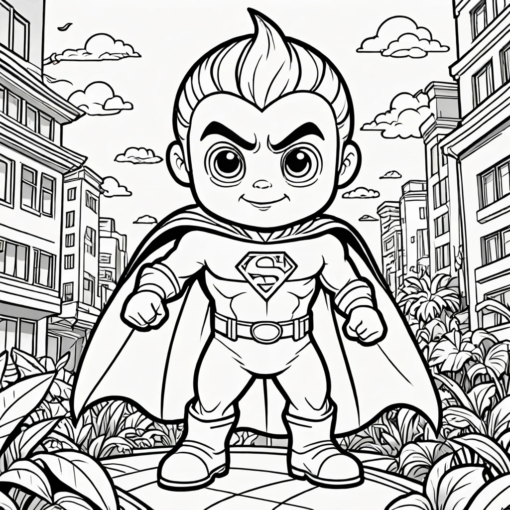 Children's cartoon super hero in banana style. Children's coloring illustration. Black outline and white background.