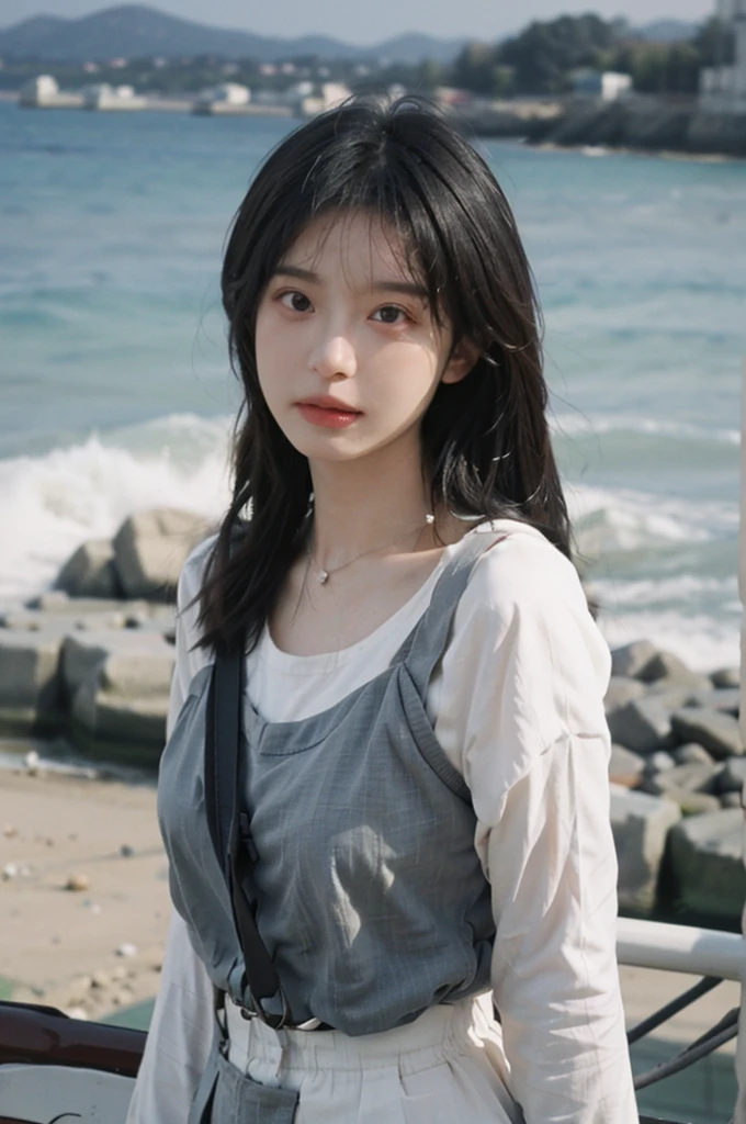 Film portrait photography, 1girls, Lipstick, (big chest:1.2), Wear a necklace, Cute expression, Exquisite makeup, black suspenders, serene, calm, (Realistic and detailed eyes, Natural skin texture, Realistic facial details), Soft dramatic lighting, Vibrant details, Detailed and detailed, Surreal, 35mm film, hazy, outdoor, Seaside background, seaside, Depth of Field, Bokeh