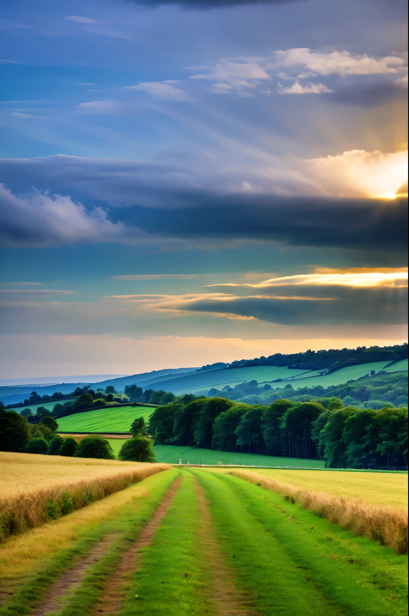 Original landscape，Sky and clouds，Tyndall effect，A country road，Colorful hot air balloon，High quality desktop wallpaper, Verdant forest, Detailed field properties, Beautiful English countryside, Stunning scenery, Rolling Hills, Landscape Wallpaper, Lush countryside, Green forests, Stunning scenery, Green fields in the background, High quality wallpaper, Beautiful wallpapers，Ultra high quality，Ultra HD，Ultra-high resolution
