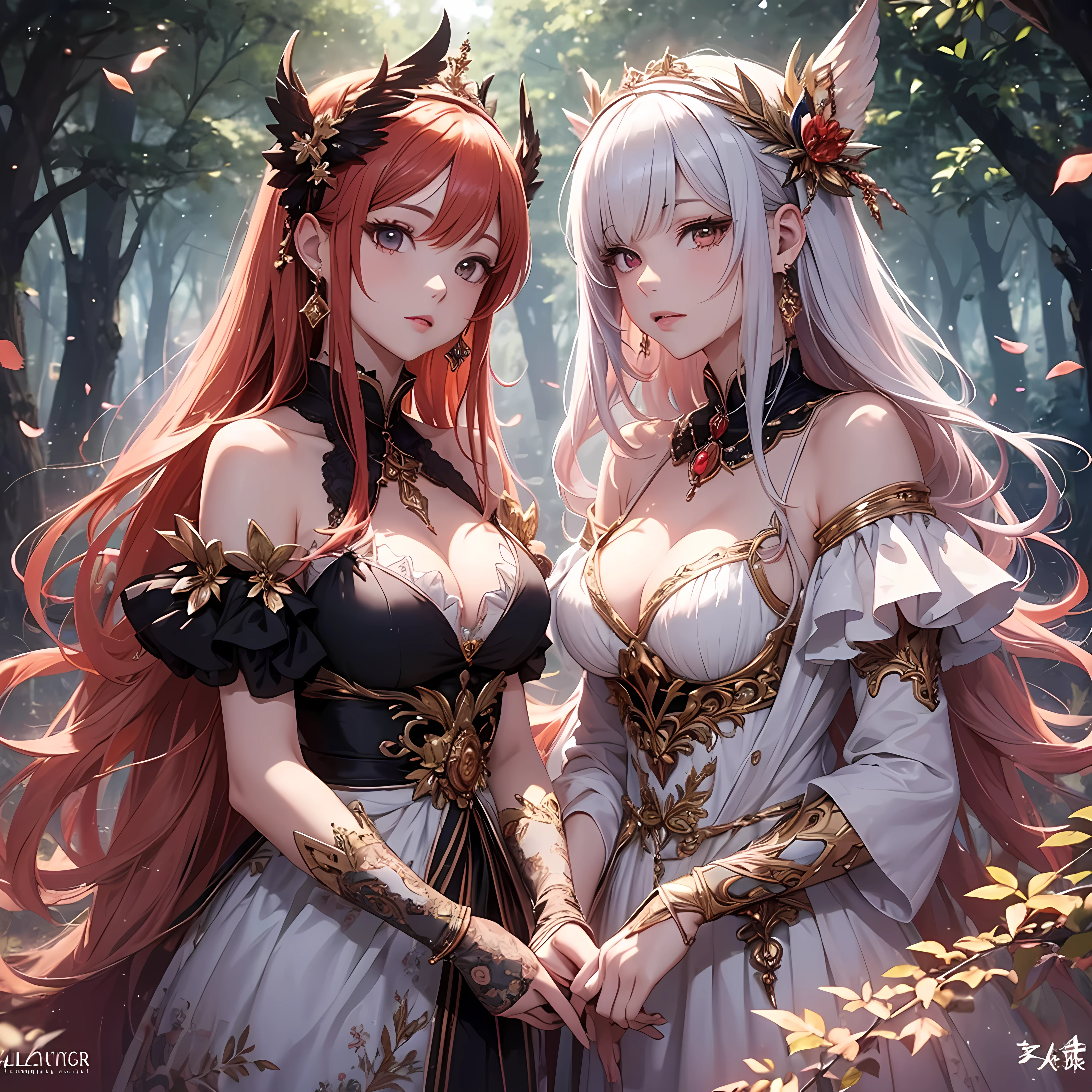 Two beautiful young women, Anime Style, Detailed face, Redhead, Red eyes, Delicate features, Soft lighting, Dressed in elaborate fantasy costumes, Stand Together, Fantastic and fascinating expression, Mystical forest background with glowing plants and magical creatures, A person holding a staff with a glowing crystal, The other is wearing a flowing jeweled gown, Vivid and fascinating fantasy lighting, Dynamic pose, Japanese Anime Style, high quality, Very detailed, 8K resolution, Cinema Lighting, 最high quality, Vibrant colors, Instagrammable, beautiful, trend