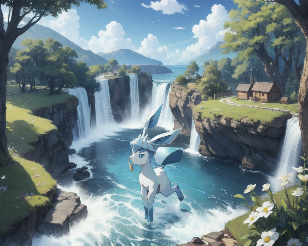 glaceon, pokemon \(creature\),animal, full body, no humans, village from pokemon,outdoors, houses,, (masterpiece, best quality,absurdres: 1.2),, perfect hands,, masterpiece,best quality,ultra-detailed,very detailed illustrations,extremely detailed,intricate details,highres,super complex details,extremely detailed 8k cg wallpaper