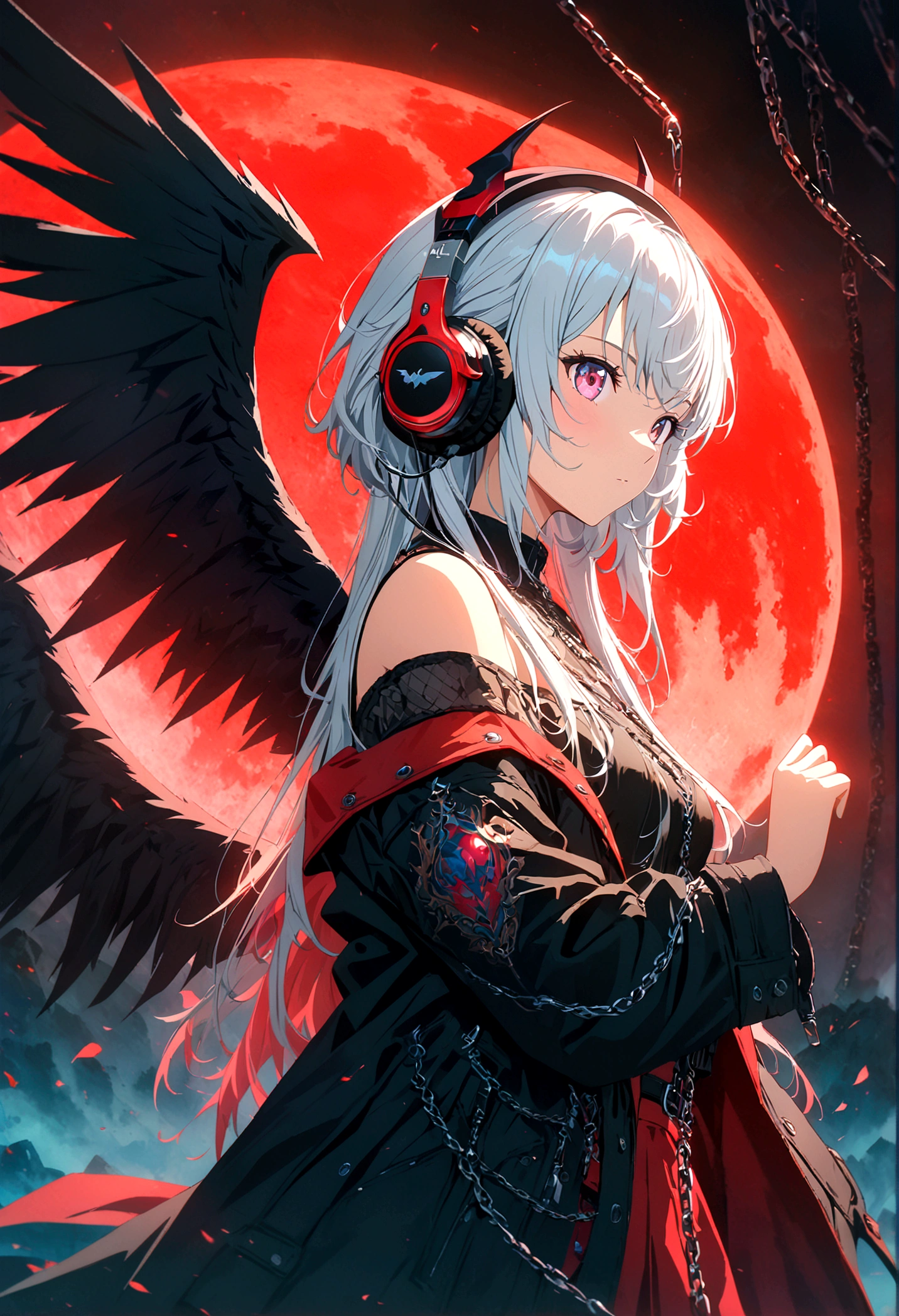 4k anime wallpaper, 4k anime wallpaper, Anime Art Wallpapers 8K, 4K Anime Style, anime art wallpaper 4k, anime art wallpaper 4k, 4k anime wallpaper, Eugeo Art, Detailed digital anime art, ((masterpiece, Highest quality)), (Complex Light), Perfect hands, Hyper Detail, Bright colors.Fantasy manga style demon beautiful girl, silver hair, short, headphones, half wearing dark long coat, off the shoulder, black wings, chain, red moon, otherworldly painting.