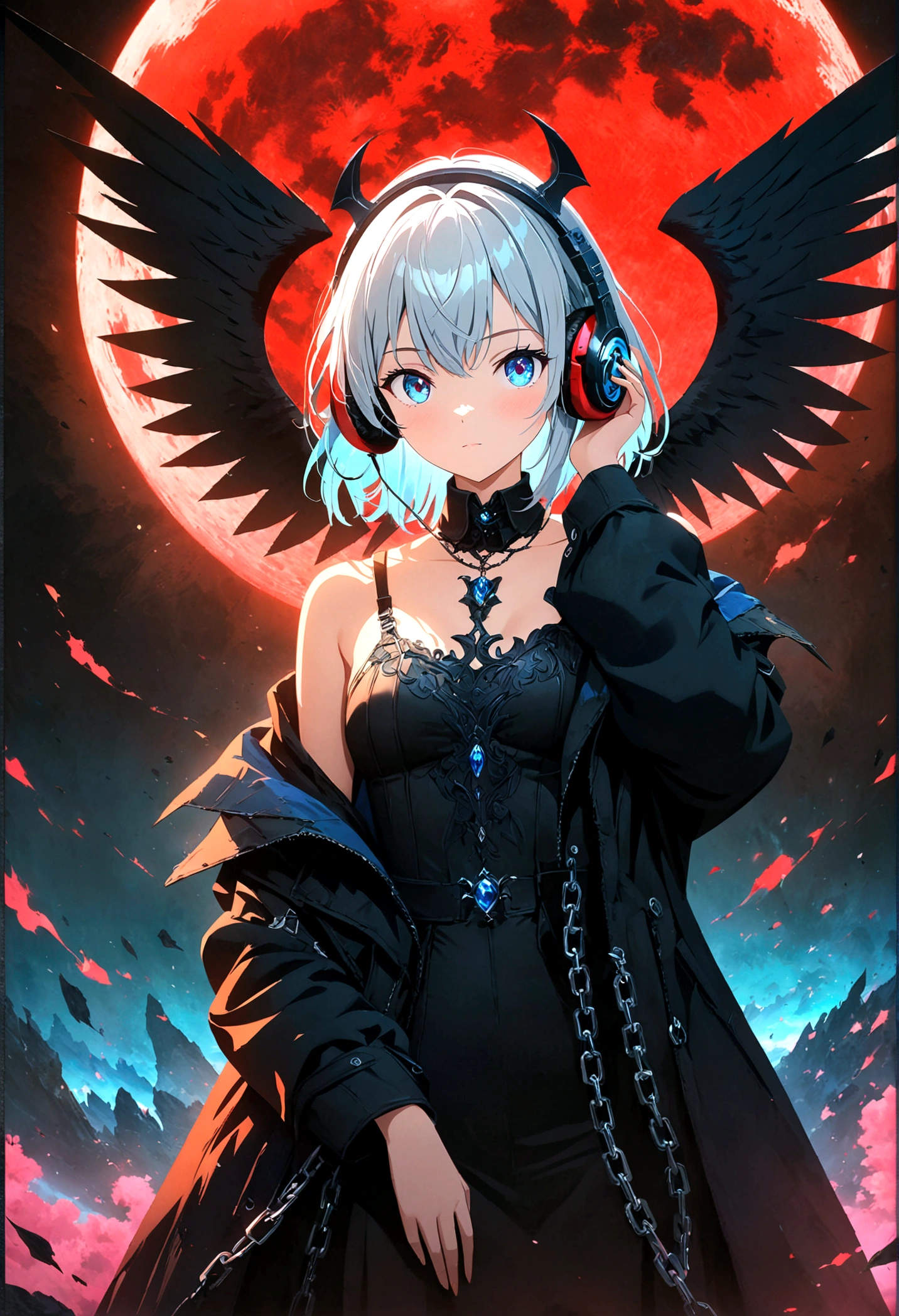 4k anime wallpaper, 4k anime wallpaper, Anime Art Wallpapers 8K, 4K Anime Style, anime art wallpaper 4k, anime art wallpaper 4k, 4k anime wallpaper, Eugeo Art, Detailed digital anime art, ((masterpiece, Highest quality)), (Complex Light), Perfect hands, Hyper Detail, Bright colors.Fantasy manga style demon beautiful girl, silver hair, short, headphones, half wearing dark long coat, off the shoulder, black wings, chain, red moon, otherworldly painting.