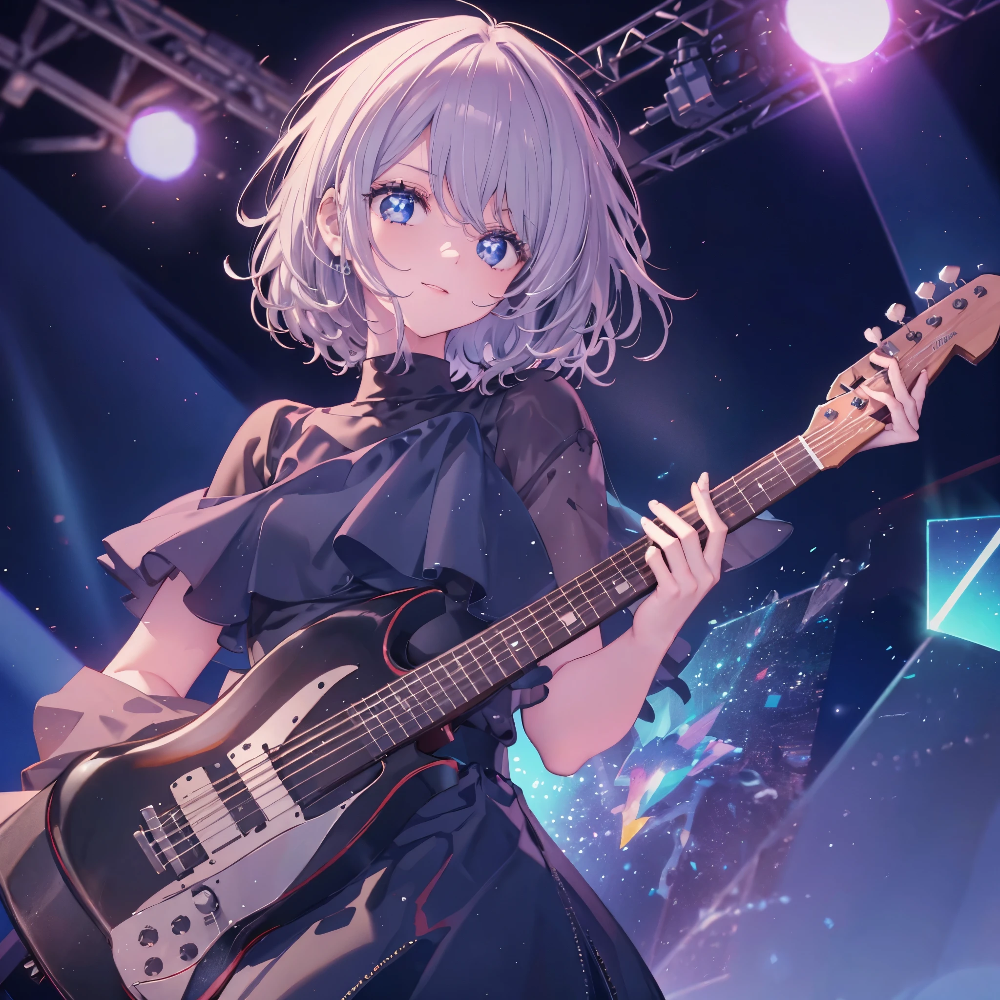 (((1 person Gray Hair dress singer blue eyes There is a microphone stand in front of you.))) ((High resolution short hair 青いdress Black Skirt Rin々Funny face)) ((Close-up)) ((Sing a song Shining Aura On stage Guitar solo)) (smile Exposure to blue light) Shining Background Shining Edge