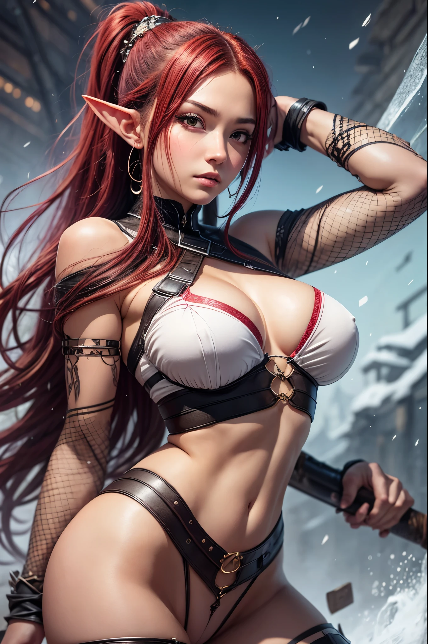 (4K), (Realistic), (high details), girl in red and white outfit holding a snowboard, forest hunter lady, elf girl, alluring elf princess knight, elf princess knight, anime in fantasy style, barbarian warrior woman, a very beautiful berserker woman, cavewoman, digital anime illustration, female barbarian, erza scarlet as a real person, natalie from epic battle fantasy, north female warrior, anime goddess.
slim, busty, torn clothing. Dirty skin, exhausted expression. sexy and aluring