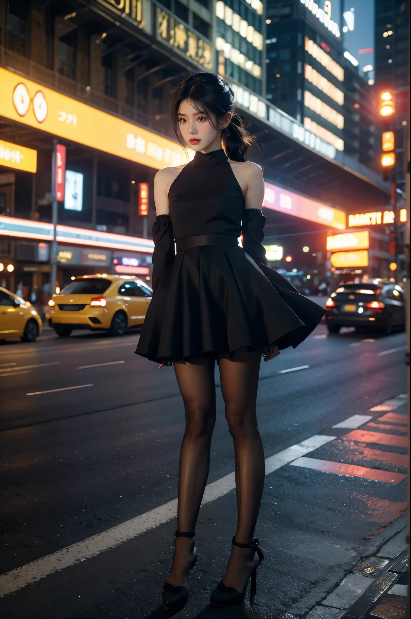 (((best quality))),(((ultra detailed))),(((masterpiece))),illustration,1girl,slim,vibrant cotton pink dress,short ponytail,flat chest,pantyhose,standing, bustling city streets, honking cars,surrounded by crowded crowds, colorful advertisements,enjoying sights and sounds,(dark black skin:1.5),(day scene:1.3),full body,arms behind back,sunshine,slender legs,sandals,sunshine
