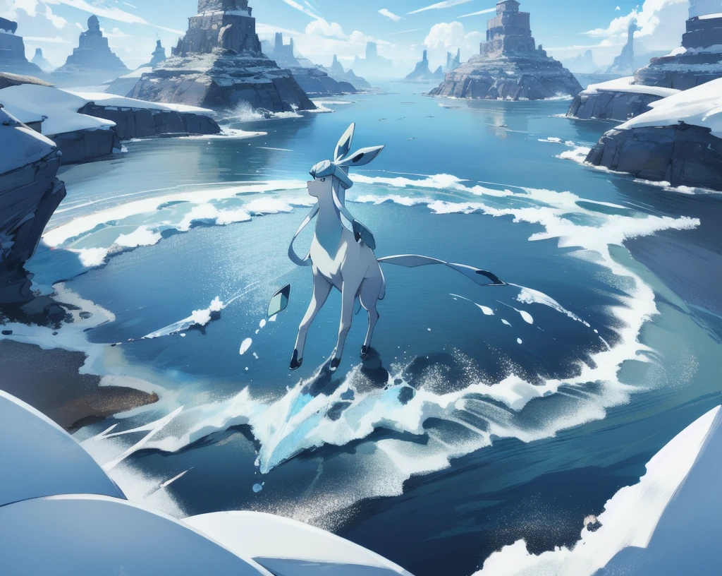 glaceon, pokemon \(creature\),animal, full body, no humans, village from pokemon,outdoors, houses,, (masterpiece, best quality,absurdres: 1.2),, perfect hands,, masterpiece,best quality,ultra-detailed,very detailed illustrations,extremely detailed,intricate details,highres,super complex details,extremely detailed 8k cg wallpaper