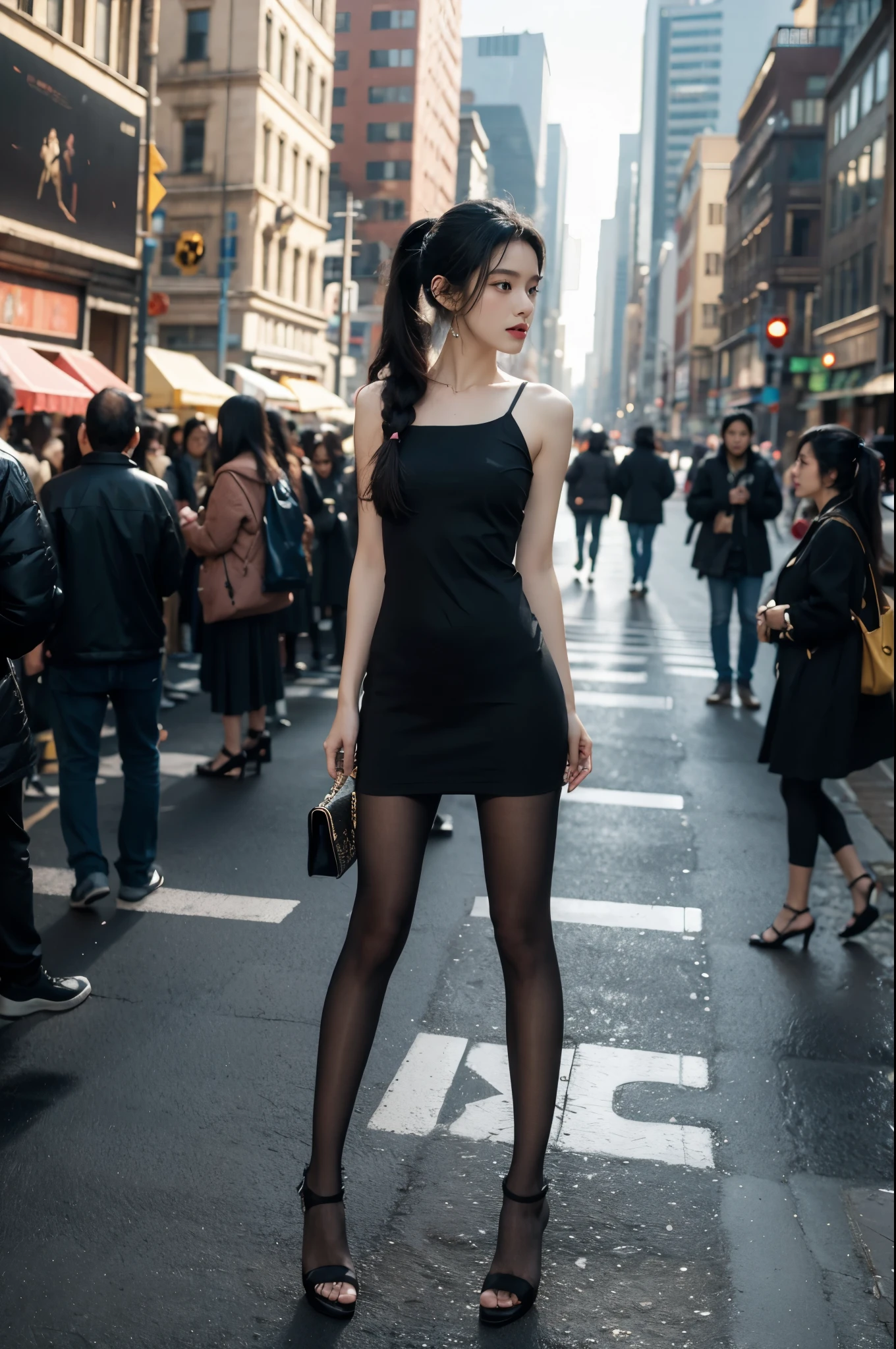 (((best quality))),(((ultra detailed))),(((masterpiece))),illustration,1girl,slim,vibrant cotton pink dress,short ponytail,flat chest,pantyhose,standing, bustling city streets, honking cars,surrounded by crowded crowds, colorful advertisements,enjoying sights and sounds,(dark black skin:1.5),(day scene:1.3),full body,arms behind back,sunshine,slender legs,sandals,sunshine