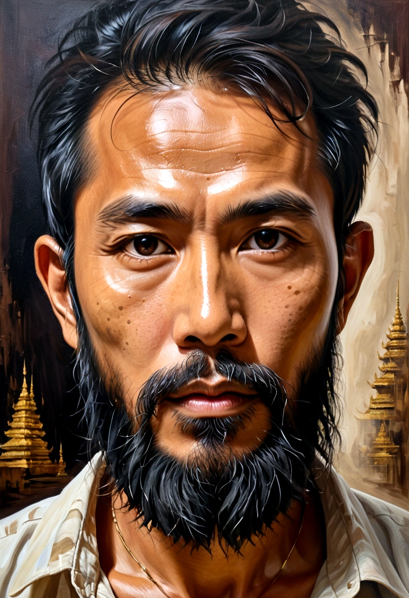 Oil painting of a Thai man's face with a long, messy beard.