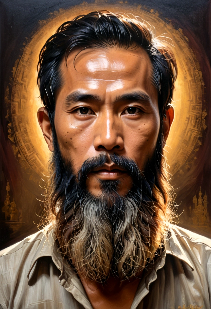Oil painting of a Thai man's face with a long, messy beard.