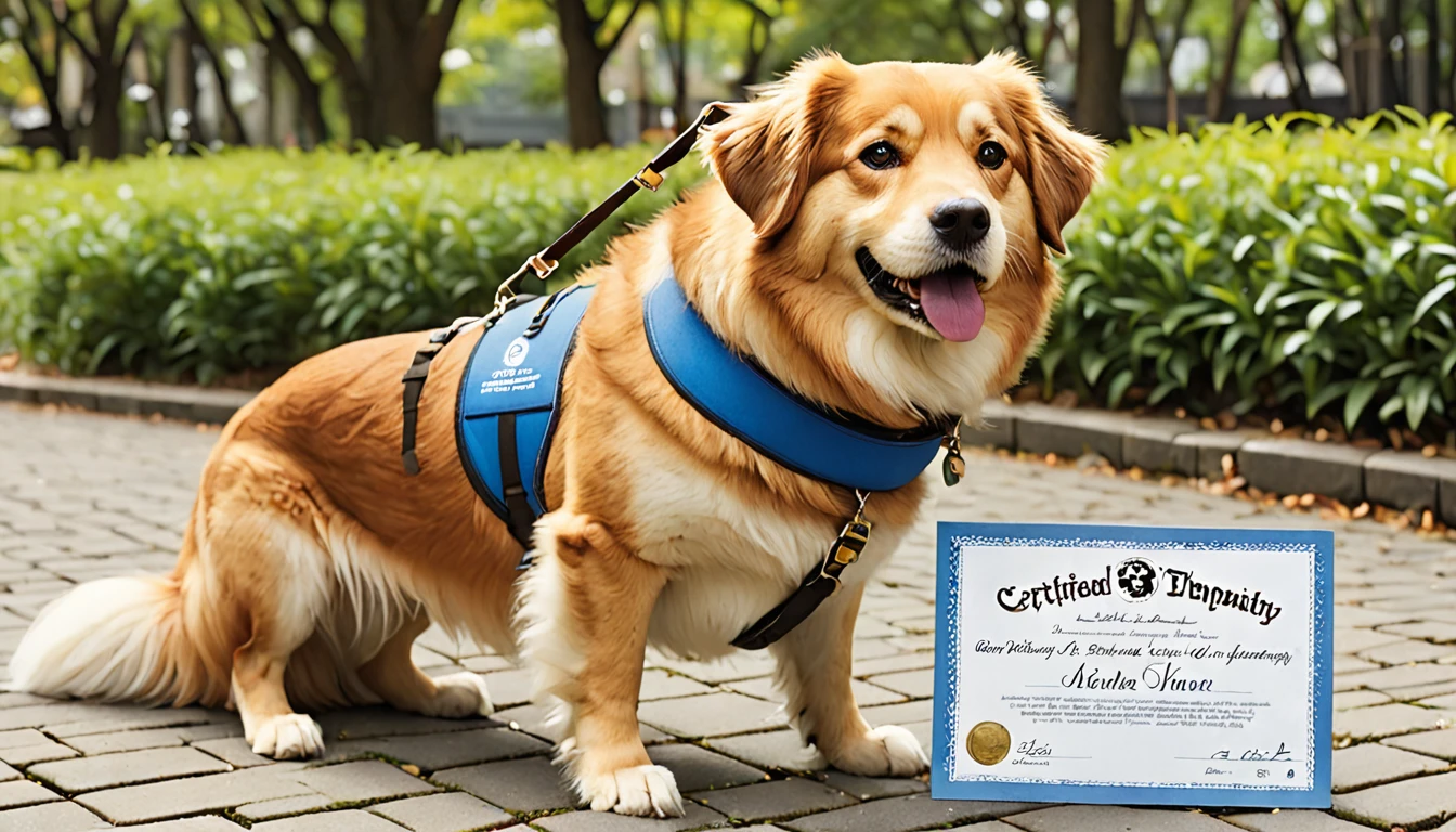 Owner:
- A man in his mid-40s、prideと喜びに満ちた表情をしている
- ベンチに座り、Holding Therapy Dog Certification Frame in Both Hands - Casually Dressed（Blue polo shirt、Khaki pants、Brown shoes）- to see the dog sitting next to him、Therapy dog with head tilted slightly:
- Ownerの隣のベンチに座っているゴールデン・レトリバー
- 「Certified Therapy Dog」のパッチが付いた赤いセラピードッグ用のベストを着ている
- Ownerが持つ認定証を直接見つめ、He has a proud and satisfied look on his face - his tail is slightly wagging、Certificate showing happiness and excitement:
- With elegant fonts「Therapy Dog Certification」A framed certificate with the words &quot;I am a novice&quot; written on it.、Dog Name、Ownerの名前、- The certification date is clearly stated - The certificate has a gold seal and the certifying agency&#39;s logo - The picture frame has a simple but elegant dark wood design background:
- Green Grass、wood々、A park setting with paved paths - the benches they sit on、古典的なwood製の公園のベンチ
- 背景には、Enjoy walking the dog、People enjoying the park々- On a clear day、The overall atmosphere is of a blue sky with a few fluffy white clouds floating in it.:
- Ownerとセラピードッグが共有する達成感、pride、喜びを伝える
- Ownerと犬の間の強い絆を強調し、This certificate represents the journey they have traveled together.、セラピー動物としての活動の準備が整ったことを示す重要な瞬間であることを伝える
- Ownerと犬の両方の幸福感と満足感を反映した、Create a warm and positive atmosphere